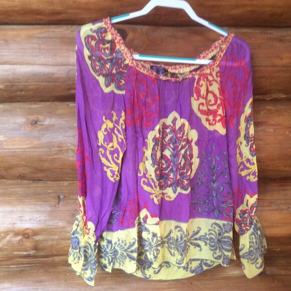 Hale Bob Silk Print Boho-Chic Bell Cuff Colorful Retro Peasant Blouse Size XS - Picture 1 of 4